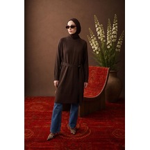 Armine Trend Kemer Detaylı Bisiklet Yaka Uzun Kollu Asimetrik Dokulu Triko Tunik Kahverengi 26ktd410