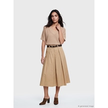 Lcw Vision Bej Beli Kemerli Poplin Pileli Etek
