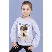 Toontoy Kids Toontoy Kız Çocuk Baskılı Kol Ucu Lastikli Tişört Gri Melanj