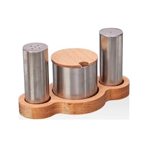 Ahşaplı Metal Üçlü Tuzluk Baharatlık Metalik