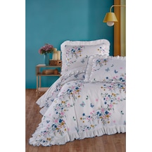 Uçkan Home %100 Pamuk Çift Kişilik Nevresim Seti Fırfırlı Süs Dikişli Mavi Çiçek Desen Mavi --UH-00032
