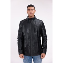 M M Marki Marki Hakiki Deri Erkek Mont Siyah Dik Yaka Fermuarlı Dokulu Astarlı 71 Cm - 507922