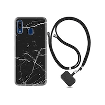 Samsung Uyumlu Galaxy A20 Kılıf Ipli Askılı Siyah Mermer 1299