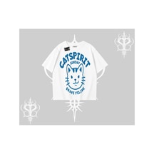 Tarzsokak Catspirit Sunday Brave Feline Yazılı Kedi Baskılı Oversize Tshirt Beyaz