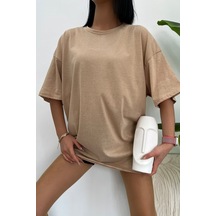 Startmore Unisex Pamuk Bisiklet Yaka Oversize T-shirt Bej