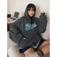 Nice Sweatshirt - Füme Baskılı Oversize Kapüşonlu Füme