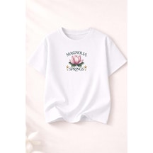 Herkesemoda Magnolia Springs Baskı Detaylı Kadın Bisiklet Yaka Pamuklu T-shirt Beyaz
