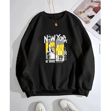 Startmore Siyah Oversize Kapşonsuz 0 Yaka Newyork Baskılı Pamuklu Unisex Sweatshirt Siyah