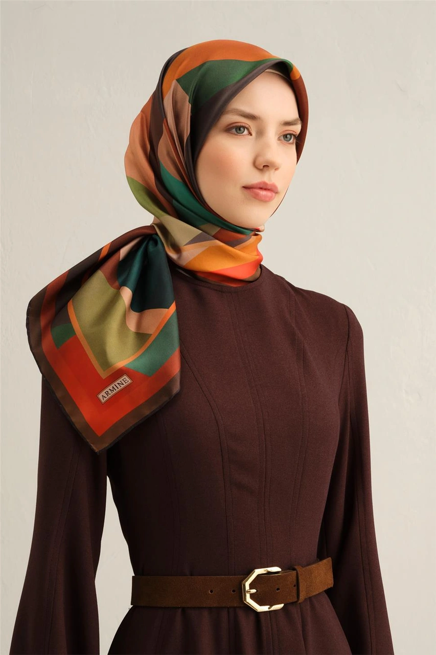 Armine Geometrik Desenli Saf İpek Twill Eşarp 9331d 83 Haki