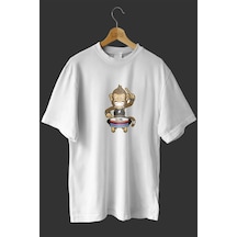 Noıssey -wed Baterist Maymun Tasarım Baskılı Oversize T-shirt Tişört Beyaz