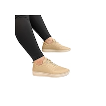 Voyager Z094 Bej Hakiki Deri Lazer İşlemeli Bayan Ayakkabı Bej