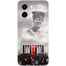 Vivo Y28 Uyumlu Bulutların Üzerindeki Lider Kalpaklı Atatürk Baskılı Silikon Kılıf Renkli