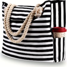 Plaj İçin 4 İç Cepli Ekstra Büyük Moda Baskılı Kanvas Plaj Çantası, Yüzme Siyahı Siyah