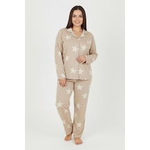 Bravie Luxury Soft Bej Yıldız Desenli Uzun Kollu Kadın Pijama Takımı Büyük Beden 3011 Bej