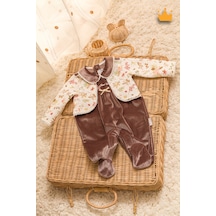 Babyhola Kadife Patikli Kız Bebek Tulum 0-12 Ay Retro Ceketli Görünümlü Hediyelik Nostaljik Bayramlık 13433 Kahverengi