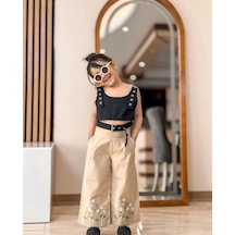 Kız Çocuk Nakış Detaylı Crop Top Ve Geniş Paça Pantolon Takımı Siyah-bej