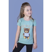 Toontoy Kids Toontoy Kız Çocuk Ayıcık Ve Yazı Baskılı Taş İşlemeli Tişört Yeşil