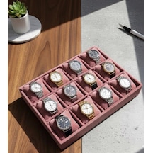 12 Bölmeli Ahşap Üzeri Baby Face Kumaş Saat Ve Takı Standı - Organizeri Ebat 35x24x5 Cm Açık Pembe