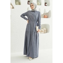 6581-bel Lastikli Düğmeli Elbise Koyu Mavi