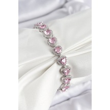 Pirinç Zirkon Taşlı Pembe Kalp Baget Model Gümüş Renk Vıp Seri Kadın Bileklik Pembe