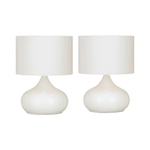 2 Adet Beyaz Elips Masa Komidin Vitrin Abajur Beyaz Kumaş Başlık Beyaz Metal Ayak Beyaz