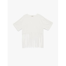 Koton Pamuklu Püskül Detaylı Kısa Kollu Bisiklet Yaka Oversize Crop Tişört Ekru 6sal10037ık Ekru