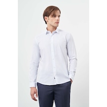 İmza Beyaz Uzun Kol Çizgili Desen Bez Ayağı Sert Yaka Cepsiz %100 Pamuk Classic Slim Fit Gömlek 1004245209 Beyaz