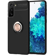 Kilifone - Galaxy S21 Plus Uyumlu Kılıf Koruyucu Yüzüklü Karbon Ravel Silikon Kapak - Siyah-rose Gold - T16047