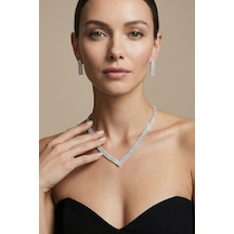 Valmont Accessories Işıltılı V Su Yolu Kolye Ve Küpe Takı Seti - Düğün, Kına, Nişan, Gelin Aksesuarı Gümüş