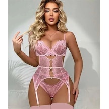 Angbutik Kadın Aksesuarlı Dantelli Pembe Jartiyer Takım