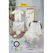 Gros Shop Müslin Yeni Doğan 4katlı Organik %100pamuk Kişiye Özgü Nakışlı Hastane Çıkış Seti-kurdele Model Ekru