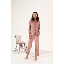 Estiva Desenli Önden Düğmeli Kadife Bayan Pijama Takım 001