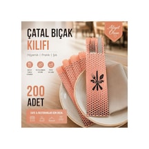Somon Renk Baskılı Çatal Bıçak Kılıfı 8x4x25 Cm Afiyet Olsun Tek Kullanımlık Restoran Cafe Kılıfı 200 Adet