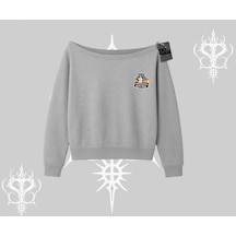 Need Coffee Right Meow Yazılı Kedi Baskılı Kayık Yaka Sweatshirt Gri