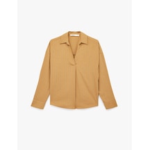 Koton Modal Kumaş Uzun Kollu V Yaka Oversize Çizgili Gömlek Deve Tüyü Çizgili 6sak60158pw Camel Çizgili