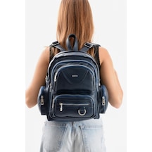 Baginn Suni Deri Kadın Sırt Çantası 38 28 Cm Mega Bag Günlük Kullanıma Uygun Çok Cepli İçi Astarlı Lacivert