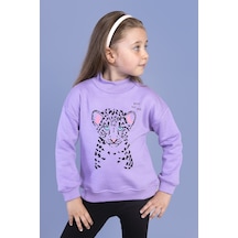 Toontoy Kız Çocuk Baskılı Balıkçı Yaka Pamuklu Sweatshirt Lila