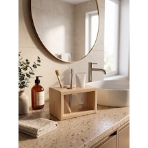 Nestwoodtr Ham Doğal Ahşap Minimal Banyo Düzenleyici, Diş Fırçalık - Macunluk, Diş Fırçası Standı Ham Ahşap