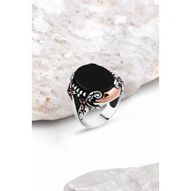Düz Onix Taşlı Yanları Kılıçlı Gümüş Erkek Yüzük -4763