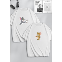 Unisex Kadın Erkek Tom Ve Jerry Çay Baskılı Sevgili Çift Kombini Tasarım Oversize Tshirt 2li Beyaz Mck0492 Beyaz