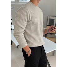 Erkek Bisiklet Yaka Slim Fit Triko Kazak Bej