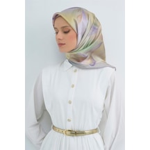 Armine Sura Saf İpek Eşarp 9519 - 84 Lila Yeşil Çiçek Desen Lila Yeşil