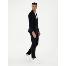 Cacharel Koyu Lacivert Slim Fit Yün Karışımlı Çizgili Pantolon
