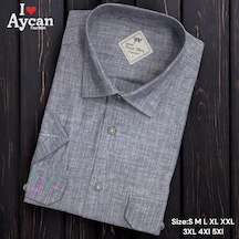 Linen Keten Klasik Kısa Kollu İki Cepli Kapaklı Gri Baba Gömleği Regular Kalıp -10254 Gri