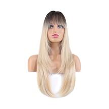 Katlı Kesim Perçemli Düz Fiber Sentetik Uzun Boy Peruk - Kahve / Platin Ombre Ve Röfleli Çok Renkli