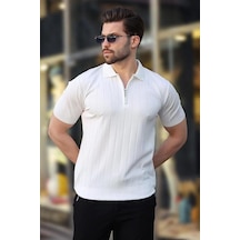 Rıbana Classıc Polo Yaka Çizgili Fermuarlı Erkek T-shirt Beyaz