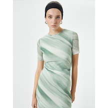 Koton Midi Bodycon Elbise Kısa Kollu Bisiklet Yaka Yırtmaçlı Yeşil Desenli 4sak80046ek Yeşil