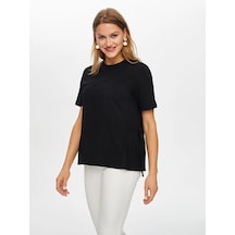 Faik Sönmez Yanları Dokuma Pilise Detaylı Yuvarlak Yaka Kadın T-shirt Us26tsh053 Siyah