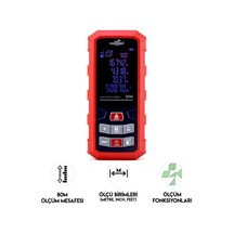 Dawrek H01 Lazer Mesafe Ölçer 80 Metre Dijital Hassas Ölçüm Cihazı Çok Fonksiyonlu Kırmızı