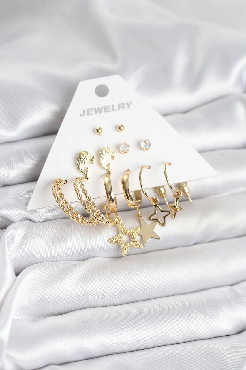 Gold Renk Yıldızlı Set 6 Çift Kadın Küpe Seti - Ebj251025w38247 Diğer